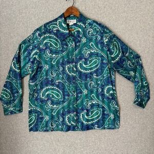 Vintage 80s Da-Rue Blue Teal Paisley Striped Women's Button Down Blouse Sz 18 XL